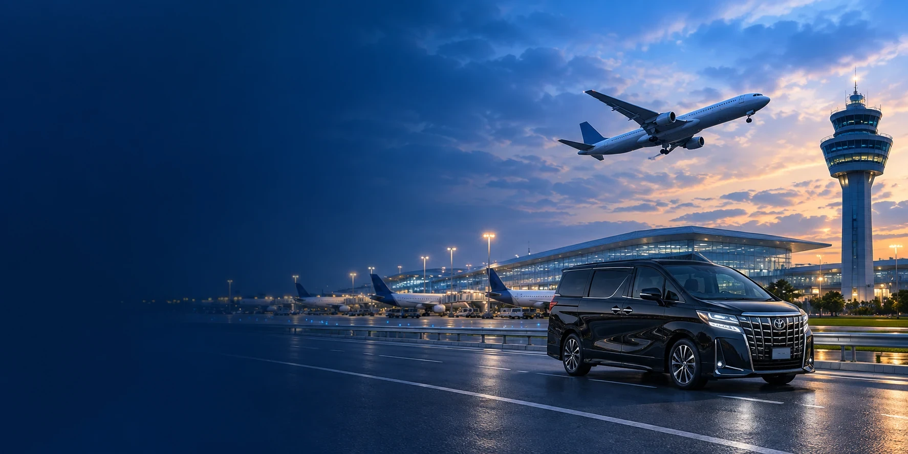 Approved airport transport marketing illustration with a vehicle, aircraft and control tower