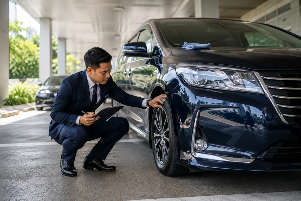 Professional driver inspecting a rental car in Kuala Lumpur