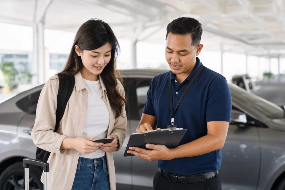 Traveller reviewing car rental documents with a representative at KLIA