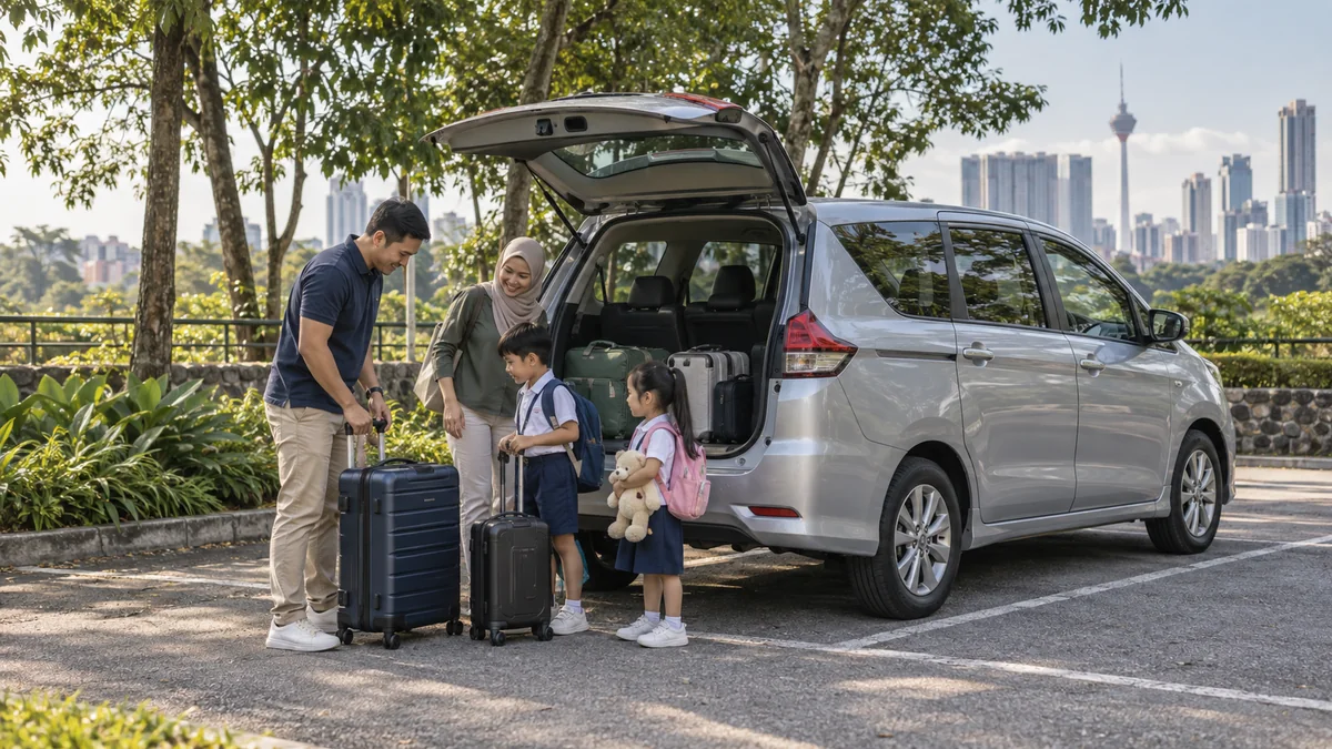 Family with suitcases beside a parked silver MPV