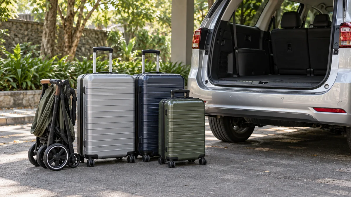 Three suitcases and a folded stroller beside an open vehicle tailgate