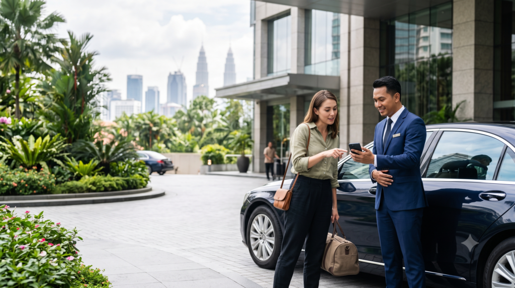 Passenger discussing a Kuala Lumpur journey with a private driver