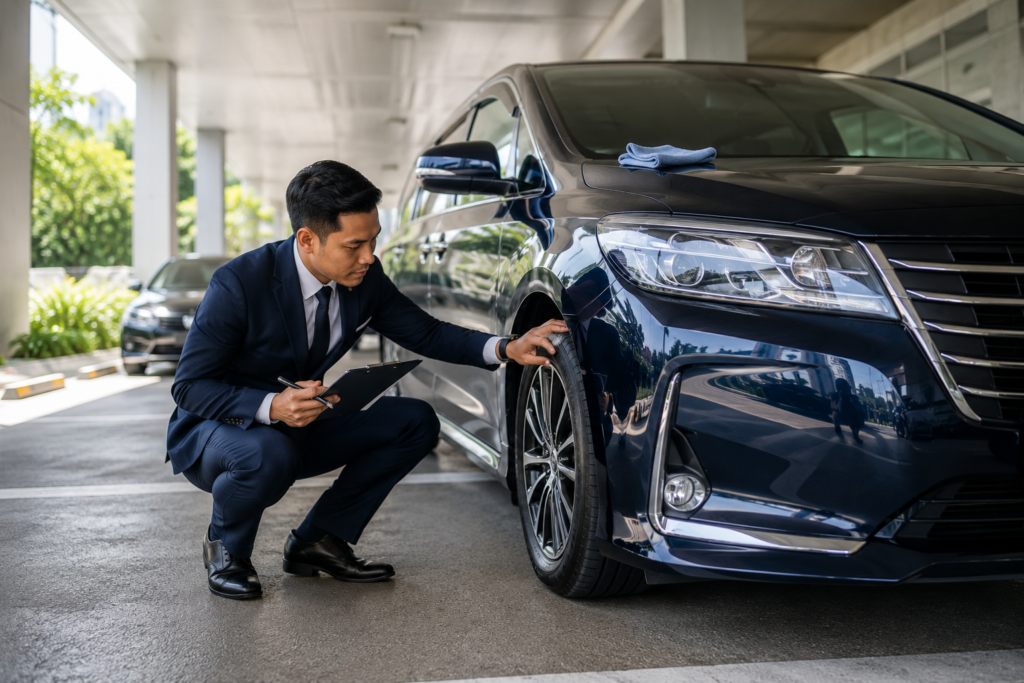 Professional driver inspecting a rental car in Kuala Lumpur