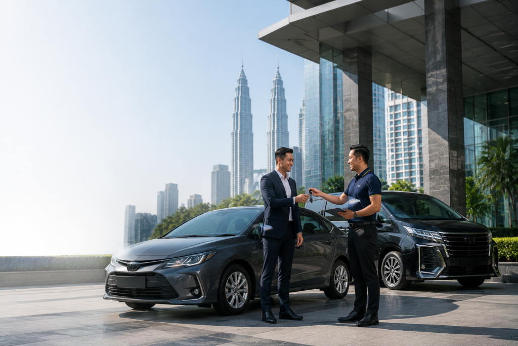 Business executive collecting a rental car in Kuala Lumpur for corporate travel.