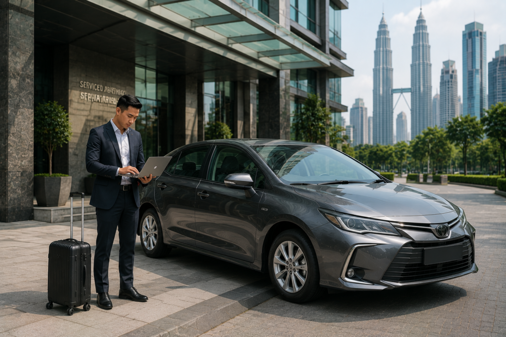 Business traveller arriving at a meeting in Kuala Lumpur using a rental car.