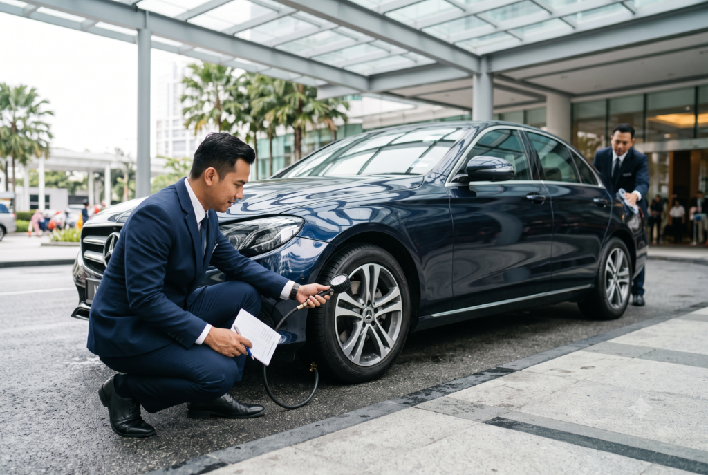 Chauffeur inspecting a vehicle before passenger pickup