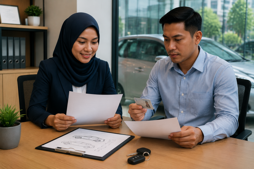 Company representative reviewing corporate car rental documents
