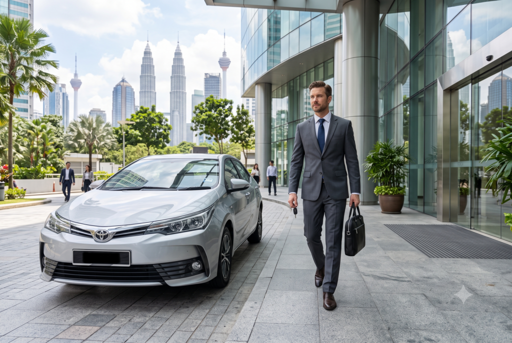 Corporate traveller driving a rental car in Kuala Lumpur.