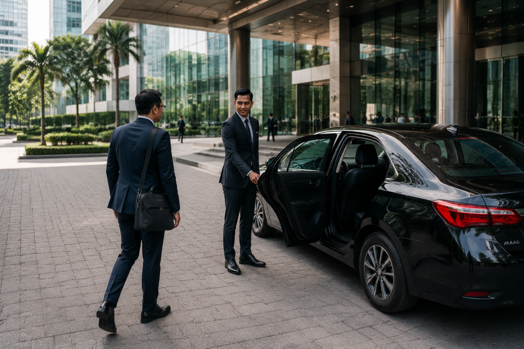 Executive arriving at a Kuala Lumpur business meeting with a corporate chauffeur