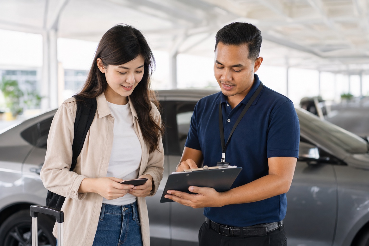 Traveller reviewing car rental documents with a representative at KLIA