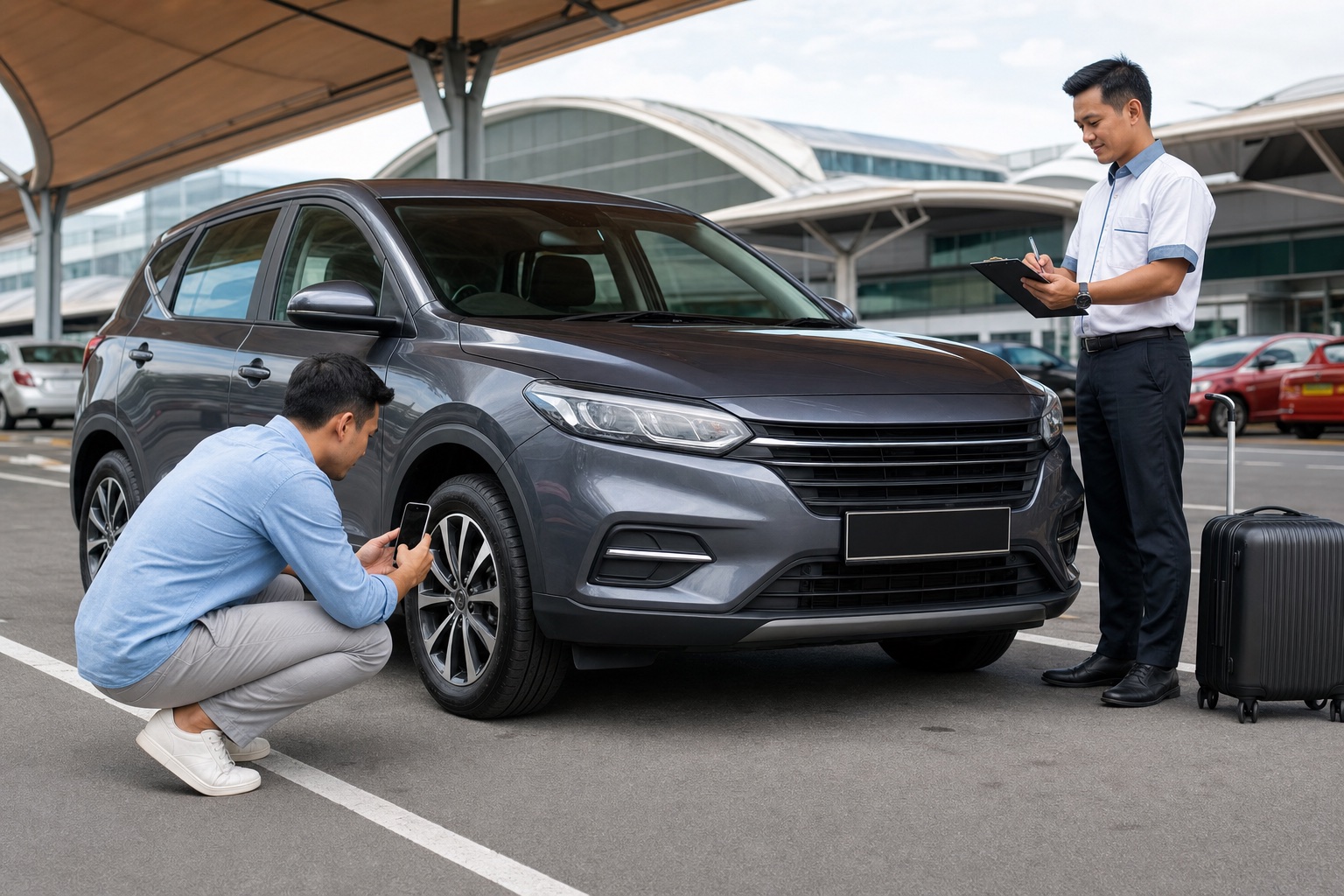 Traveller photographing a rental car during vehicle inspection at KLIA