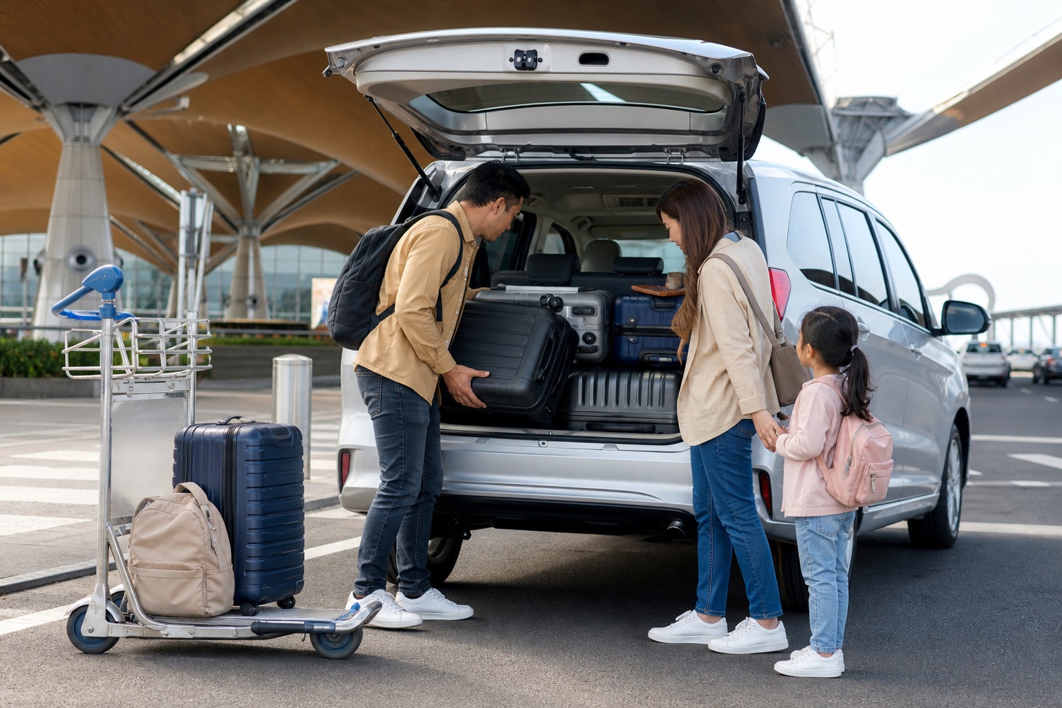 Family checking luggage space in an MPV rental car at KLIA