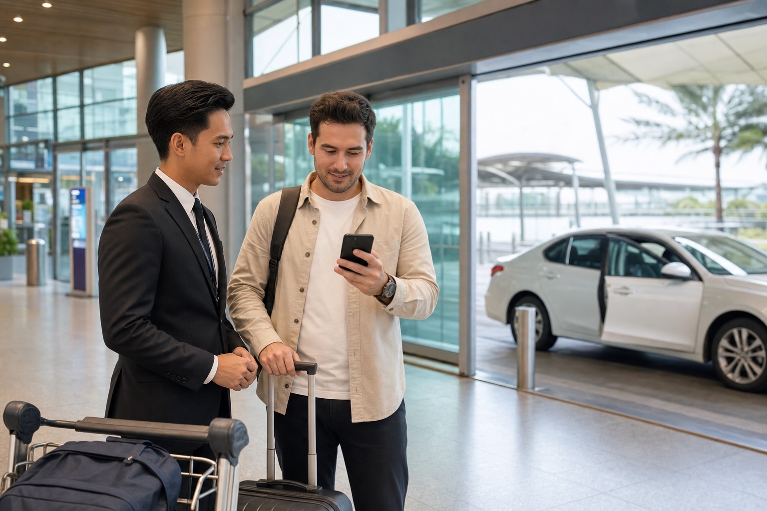 Traveller confirming KLIA terminal and flight details with a car rental representative